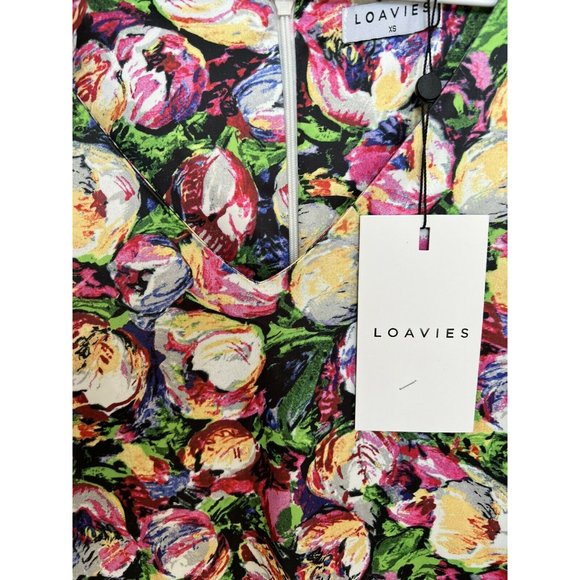NWT LOAVIES Mini Dress Size XS Flowers Multicolor V neck zipper - Picture 4 of 4